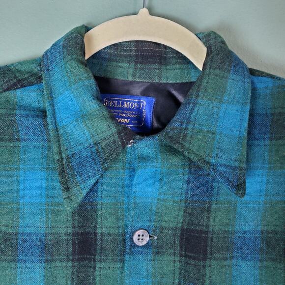 Vintage Bellmont Men's Blue Plaid Wool Blend Flannel Button Up Shirt Size Medium - Picture 5 of 5
